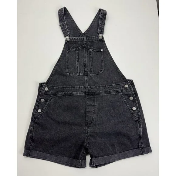 Old Navy Bib Overalls Slouchy Shorte Black Wash Denim Shortalls Womens Large - Picture 2 of 10